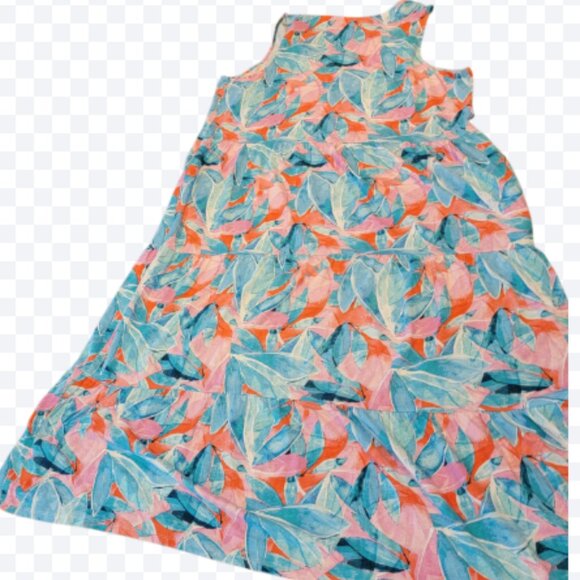 D&CO Beach Tiered Maxi or Tea Length Sleeveless Tropical Print Dress - Picture 3 of 9
